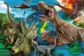 Jedlý obrázek na dort s T-Rexem honícím raptora, sinoceratopsem, stegosaurem, vrtulníkem a sopkou v pravěké krajině, jedlý obrázek na dort
