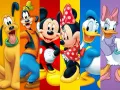 Jedlý obrázek s Mickey Mousem, Minnie, Plutem, Goofym, Donaldem a Daisy na pruhovaném barevném pozadí, jedlý obrázek na dort