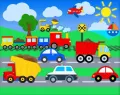 Barevná ilustrace s policejním autem, bagrem, vláčkem a letadlem na louce pod sluníčkem, jedlý obrázek na hranatý dort