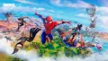 Spiderman v letu mezi bojovníky Fortnite s padákovými křídly a létajícím autobusem nad ostrovem, jedlý obrázek na dort