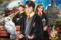 Hranatý jedlý obrázek na dort: tři kouzelničtí přátelé v hábitech, bílá sova, červená lokomotiva a hrad, Harry Potter