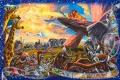 Simba stojící na Lví skále za úsvitu, kolem zvířata a filmový pás na modrém pozadí, jedlý obrázek na dort