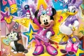 Minnie s mikrofonem, Daisy a kocour Figaro na pestrém pozadí s hvězdami a notami, jedlý obrázek na dort
