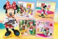 Myška Minnie s fotoaparátem a kolem ní čtyři momentky s Daisy, Mickeyem a dalšími, pastelové barvy, jedlý obrázek na dort