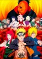Naruto s rodiči Minatem a Kushinou, nindži v bojových postojích a Tobi v masce na ohnivém pozadí, jedlý obrázek na dort