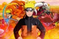 Naruto s devítiocasou liškou Kuramou, Jiraiyou a ropuchou Gamabuntou v oranžových tónech, jedlý obrázek na dort