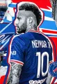 Brazilský fotbalista Neymar v modrém dresu PSG s číslem 10 na pozadí v modré, červené a bílé barvě, jedlý obrázek na dort