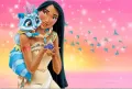 Indiánská princezna Pocahontas s dlouhými vlasy drží borůvky, na rameni jí sedí modrý mýval, růžovo-zlaté nebe, jedlý obrázek na dort