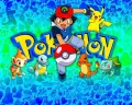 Trenér Ash v čepici vrhá Pokéball, vedle něj Pikachu a startovní Pokémoni na tyrkysovém pozadí, jedlý obrázek na dort