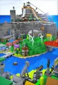 Kostičková scéna Roblox s horským ostrovem, lanovkou, mlýny a modrou vodou, jedlý obrázek na dort