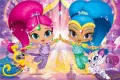 Shimmer a Shine s opičkou Talou a tygříkem Nahalem v třpytivých kostýmech na fialovém pozadí, jedlý obrázek na dort