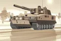 Pouštní vojenský tank s dělem, pásy a světlomety na béžovém pozadí, jedlý obrázek na hranatý dort
