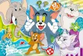 Kocour Tom a myšák Jerry s buldokem Spikem, slonem a bílou kočkou na pruhovaném pozadí, jedlý obrázek na dort
