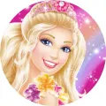 Usměvavá panenka Barbie s růžovou korunkou a květinovým náhrdelníkem na fialovém pozadí s hvězdičkami, jedlý obrázek na dort