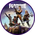 Kulatý jedlý obrázek s čtyřmi bojovníky z Fortnite na dřevěné hradbě, s fialovou oblohou a logem hry, jedlý obrázek na dort