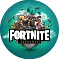 Kulatý jedlý obrázek Fortnite na tyrkysovém pozadí s bojovníky, kovovým štítem #1, krumpáči a nápisem Tournament, jedlý obrázek na dort