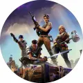 Kulatý jedlý obrázek na dort: čtyři bojovníci Fortnite na barikádě s katanou a zbraněmi, fialové mraky v pozadí, jedlý obrázek na dort