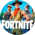 Kulatý jedlý obrázek s postavami z Fortnite v klobouku a skautském úboru na modrém pozadí s nápisem Fortnite, jedlý obrázek na dort