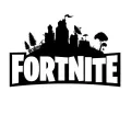 Černobílé logo hry Fortnite s tučným nápisem a siluetou ostrova s věží a stromy, jedlý obrázek na dort