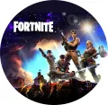 Kulatý jedlý obrázek s čtyřmi bojovníky Fortnite stojícími před hvězdnou oblohou s fialovými a modrými mlhovinami, jedlý obrázek na dort