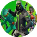 Fortnite postavy na zeleném pozadí, futuristický bojovník a maskovaná hrdinka, jedlý obrázek na dort