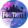 Kulatý jedlý obrázek na dort: černé logo Fortnite nad siluetou města na fialové a modré galaxii s hvězdami, jedlý obrázek na dort