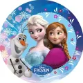 Kulatý jedlý obrázek na dort s Elsou, Annou a Olafem z Frozen na modro-fialovém ledovém pozadí se sněhovými vločkami