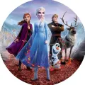 Elsa, Anna, Olaf, Kristoff a Sven v podzimním lese mezi padajícím listím, kulatý jedlý obrázek na dort