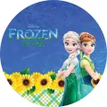 Kulatý jedlý obrázek na dort: princezny Elsa a Anna v zelených šatech na modrém pozadí, lemované žlutými slunečnicemi, jedlý obrázek na dort