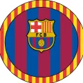 Kulatý jedlý obrázek s klubovým znakem FC Barcelona s míčem a nápisem FCB na modro-červeném pruhovaném pozadí, jedlý obrázek na dort