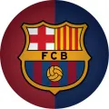 Kulatý jedlý obrázek se znakem FC Barcelona s červeným křížem a zlatým míčem na vínovo-modrém pozadí, jedlý obrázek na dort