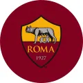 Kulatý znak AS Řím s vlčicí kojící Romula a Rema, zlatý nápis ROMA na vínovém pozadí, jedlý obrázek na dort