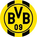 Kulatý černo-žlutý znak Borussia Dortmund s nápisem BVB 09, jedlý obrázek na dort