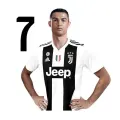 Fotbalista Ronaldo v černobílém pruhovaném dresu s velkou černou sedmičkou na bílém pozadí, jedlý obrázek na dort
