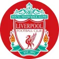 Kulatý odznak Liverpoolu na červeném pozadí s ptákem Liver bird, plameny a zelenomodrou páskou s heslem, jedlý obrázek na dort