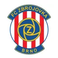 Kulatý znak Zbrojovky Brno s červenými a bílými pruhy, modrým středem a žlutým nápisem, jedlý obrázek na dort
