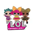 Tři panenky LOL Surprise v třpytivých outfitech na bílém pozadí s nápisem Birthday Girl, jedlý obrázek na dort