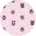 Kolečko s panenkami LOL Surprise na růžovém pozadí s hvězdičkami, jedlý obrázek na cupcakes