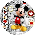 Usměvavý Mickey Mouse v červených kalhotách a žlutých botách s komiksovými panely a filmovým pásem, jedlý obrázek na dort
