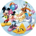 Mickey Mouse, Minnie a Daisy nesou narozeninový dort, Goofy mává, u toho Pluto a balonky, jedlý obrázek na dort