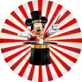 Myšák Mickey v kouzelnickém fraku a cylindru s hůlkou na červeno-bílém paprskovém pozadí, jedlý obrázek na dort