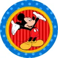 Kreslený Mickey Mouse v červených kalhotách a žlutých botách uprostřed červeného kruhu s proužky, jedlý obrázek na dort