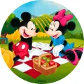 Mickey a Minnie sedí na piknikové dece v trávě, vedle košík s jablky, v pozadí vinice, jedlý obrázek na dort