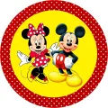 Kulatý jedlý obrázek s kreslenými Mickeym a Minnie v červených kostýmech s puntíky na žlutém pozadí, jedlý obrázek na dort