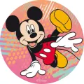 Skákající Mickey Mouse s úsměvem na barevném lososovém, tyrkysovém a žlutém pozadí s tečkami, jedlý obrázek na dort