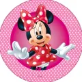Myška Minnie s velkou mašlí v červených šatech s bílými puntíky na růžovém puntíkovaném pozadí, jedlý obrázek na dort