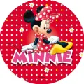 Myška Minnie v červených šatech a mašli na červeném pozadí s bílými puntíky, jedlý obrázek na dort