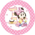 Kulatý jedlý obrázek s Minnie v růžových šatech, velkou jedničkou a cupcakem se svíčkou, jedlý obrázek na dort