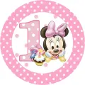 Minnie sedící vedle velké puntíkované jedničky s malým dortíkem a svíčkou na růžovém pozadí s bílými puntíky, jedlý obrázek na dort