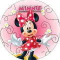 Myška Minnie v červených šatech s bílými puntíky na růžovém pozadí s kopretinami, jedlý obrázek na dort